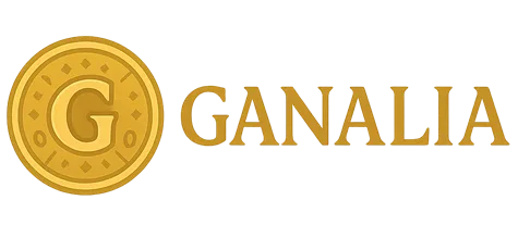 Logotipo de Ganalia con un emblema circular dorado que contiene una “G” rodeada de símbolos mágicos, junto a la palabra “GANALIA” en mayúsculas con tipografía clara, elegante y de inspiración antigua. Estilo fantasía medieval limpio, fondo transparente.