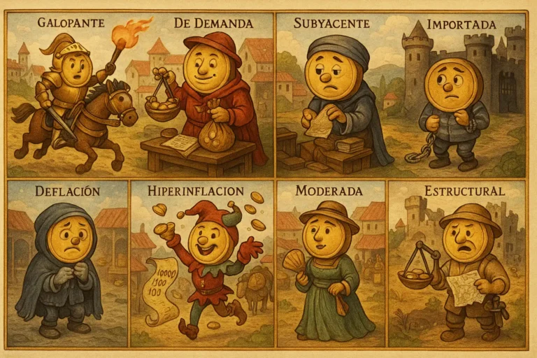 Ilustración medieval estilo libro de cuentos que representa 10 tipos de inflación como personajes antropomórficos de monedas, cada uno con vestimenta y expresión distintiva. La escena incluye un caballero galopante, un mercader con balanza, un monje con lupa, una moneda encadenada, un viajero exótico, una figura helada, un bufón lanzando monedas, una dama serena, un campesino exhausto y un constructor frustrado, todo en un entorno de castillos, aldeas y mercados fantásticos.